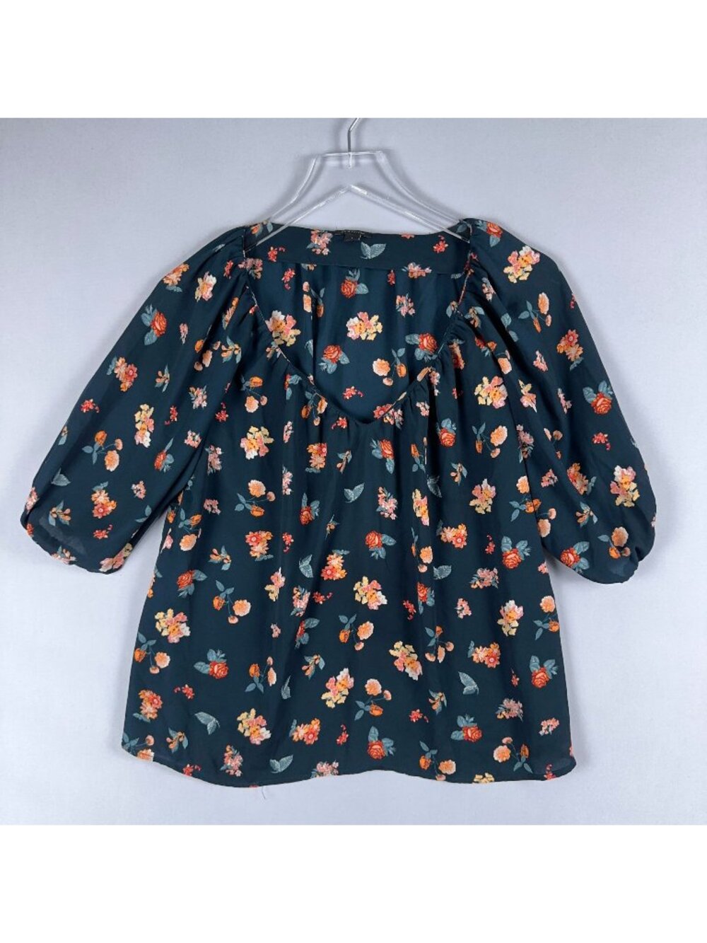 Ann Taylor Top Size Small Teal Floral Print Sheer Puff Sleeves V Neck